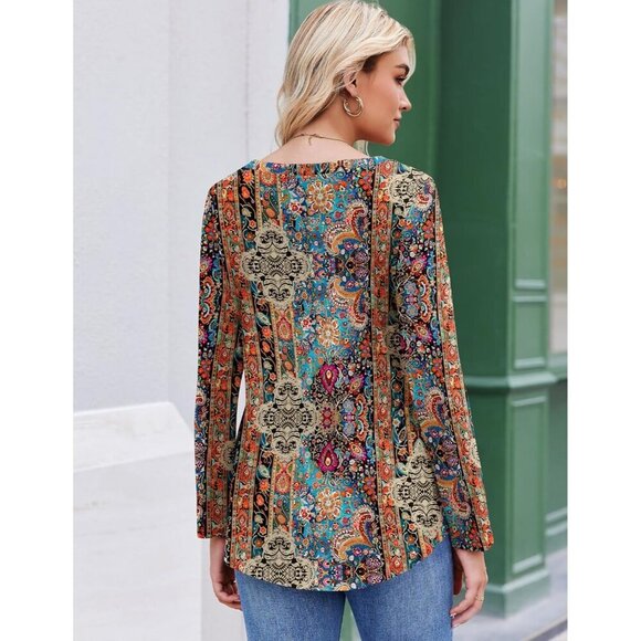 Women's V-Neck Long Sleeve Blouse Pleated Print Casual Tunic Stylish - Picture 4 of 4